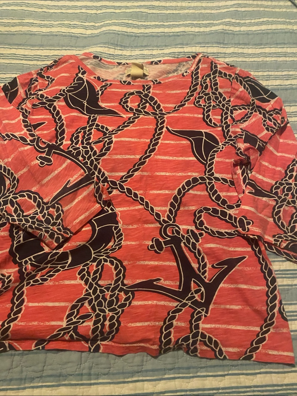 Caribbean Joe Coral and Navy Nautical Rope Print Long Sleeve Top